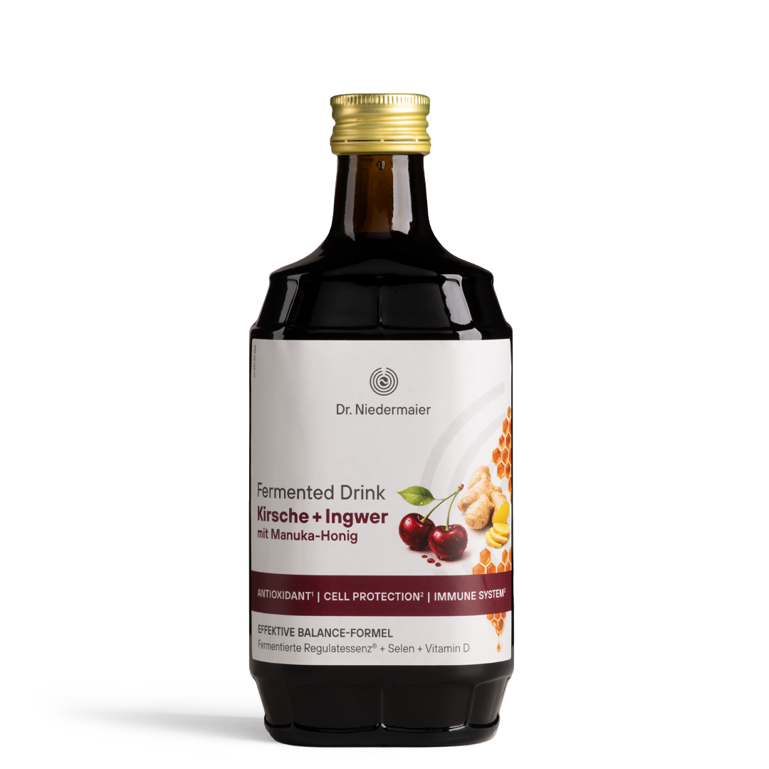 Flasche Fermented Drink Kirsche + Ingwer mit Manuka-Honig von Dr. Niedermaier