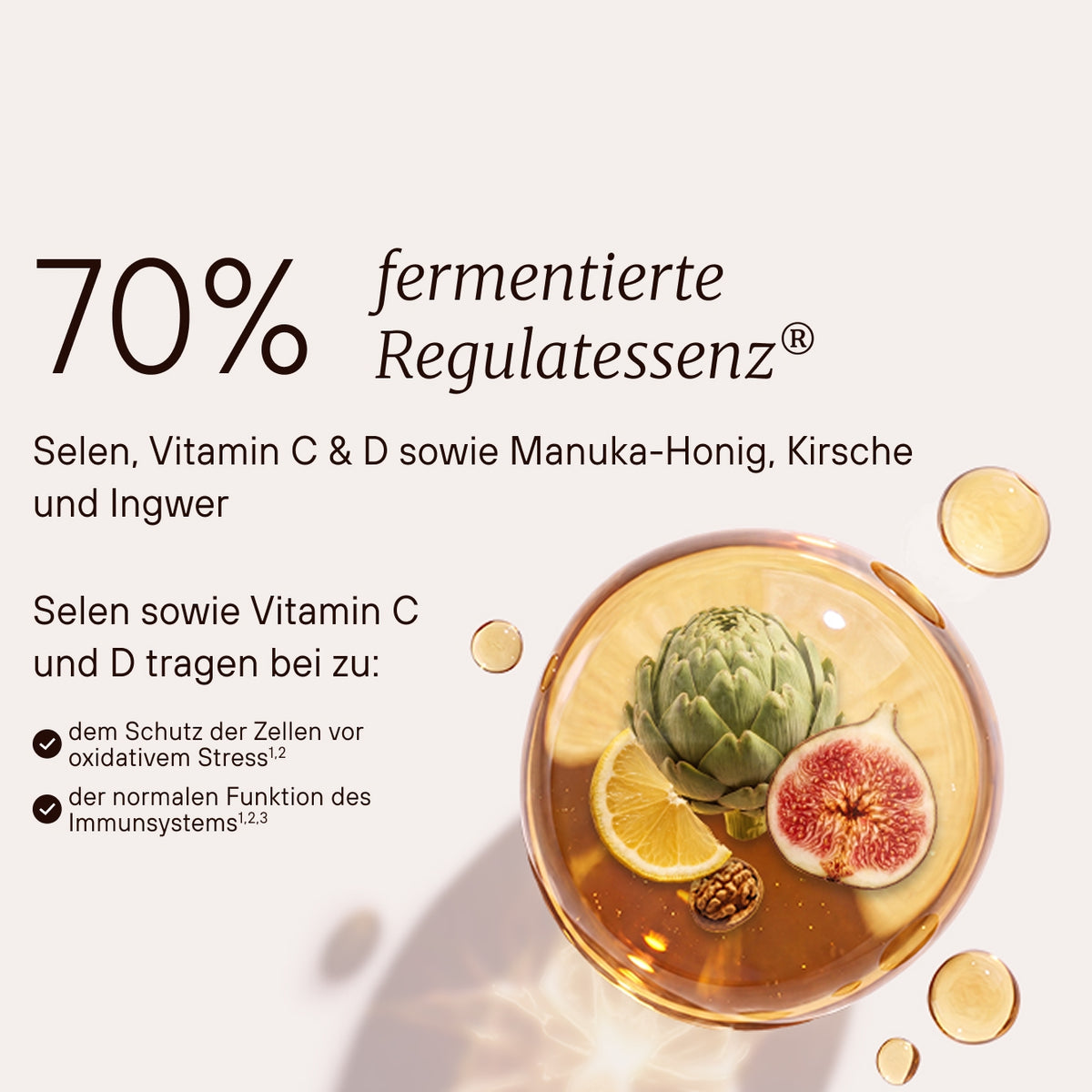 70 Prozent fermentierte Regulatessenz mit Selen, Vitamin C und D sowie Manuka-Honig, Kirsche und Ingwer