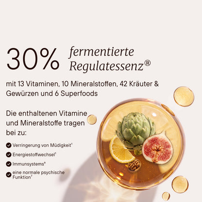 30 % fermentierte Regulatenessenz® mit 13 Vitaminen, 10 Mineralstoffen, 42 Kräutern und Gewürzen sowie 4 Superfoods.